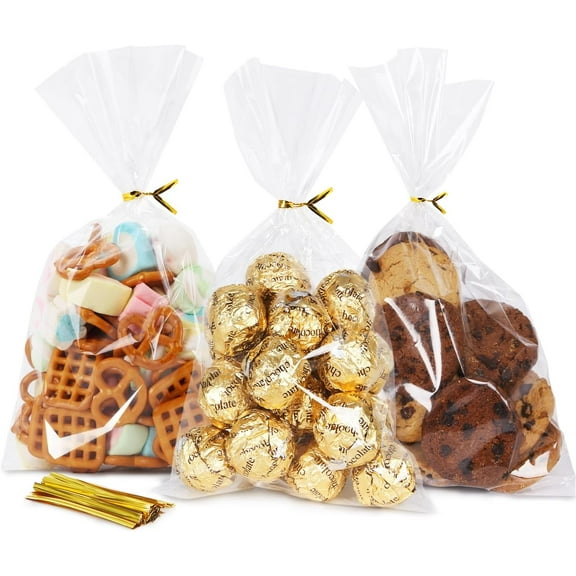Cellophane Bags, 100 Pack Clear Gift Bag Cellophane Treat Bags with Ties 6x10 Inch Plastic Small Cello Candy Bag for Party Favors Easter Goodie Graduation Cookies Bakery Popcorn Wraps