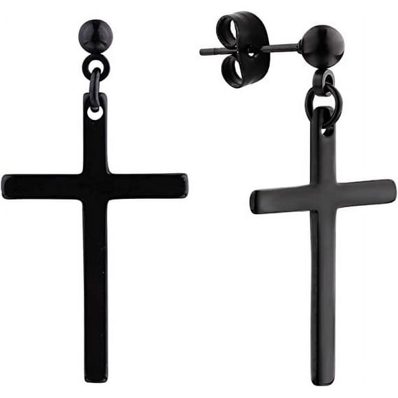 Zhuge Stainless Steel Earrings Cross Dangle Studs Earrings piercing Jewelry For Men and Women (pair of black)