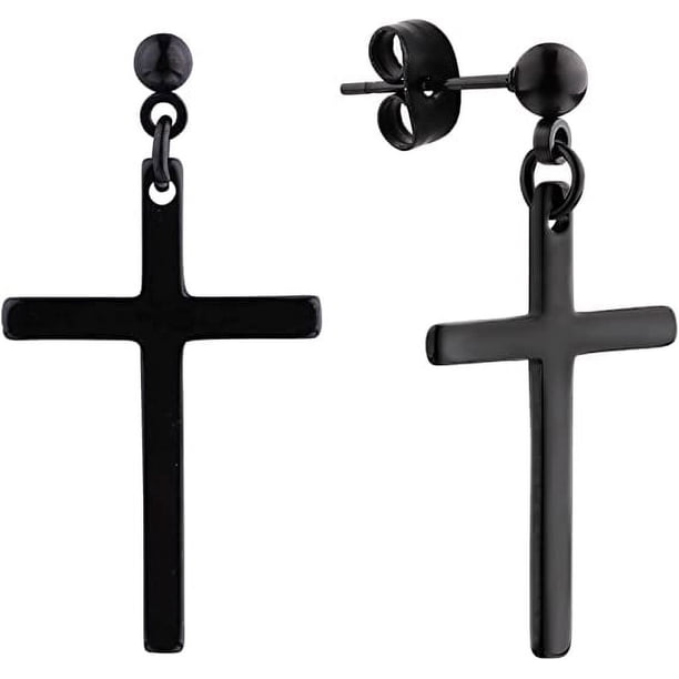 Xiao Hua Pendientes de acero inoxidable con forma de cruz, piercings, para hombre y mujer (par negro)