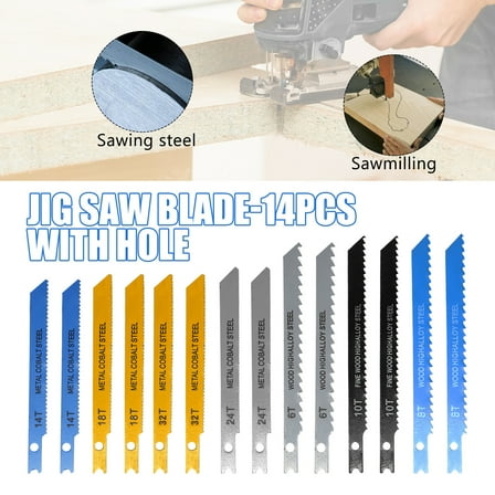 14pcs U-Shank Jigsaw Blades Set, High Carbon Steel for Wood and Metal Cutting, Replacement for All Standard Jigsaws