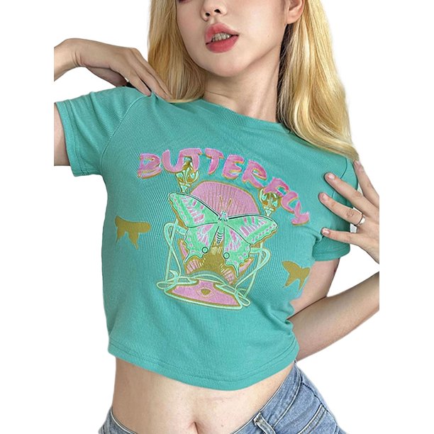 VISgogo, camisetas de manga corta para mujer, estilo Retro, estampado de mariposas, Tops cortos casuales de verano con cuello redondo para fiesta de calle VISgogo moda