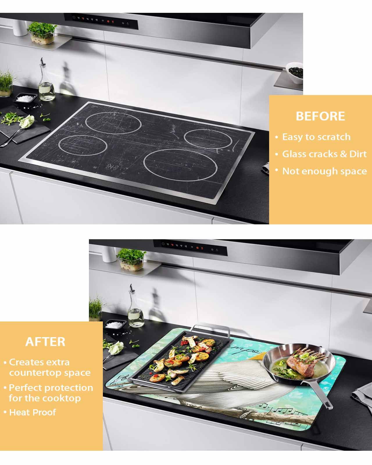 nqOlkjepod Large Induction Cooktop Protector Mat 24"x21", Yellow Bird Stove Top Covers for Electric Stove, Music Farmhouse Animals Country Teal Stove Burner Cover Mats, Glass Top Stove Cover