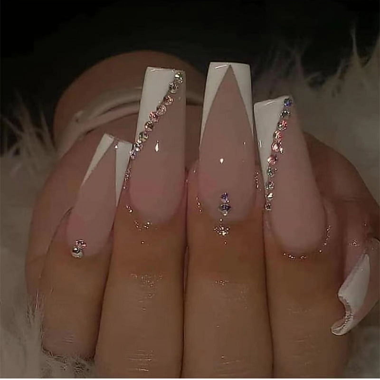 24Pcs Long Ballet French Girls Nail Art White Fake Nails Manicure Press On Nails False With Designs Artificial Wearing Reusable