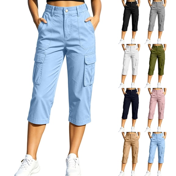 CaComMARK PI Women's Capris with Pockets Loose Fit Casual Capri Pants Dressy Lightweight Ladies Cargo Hiking Pants White
