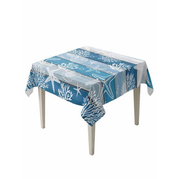 Blue Coastal Beach Table Cloth, Waterproof Tablecloth for Square Tables, Nautical Starfish Coral Vintage Wooden Reusable Washable Fabric Table Cover for Restaurant Kitchen Dining Tables 60"x60"