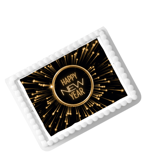 Happy New Year Fireworks Edible Cake Topper â€“ 8x10 Frosting Sheet | Black & Gold Celebration Decoration