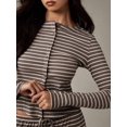 thumbnail image 5 of Women's Striped Button Front Long Sleeve Wide Leg Pants Two Piece Set Brown M, 5 of 9