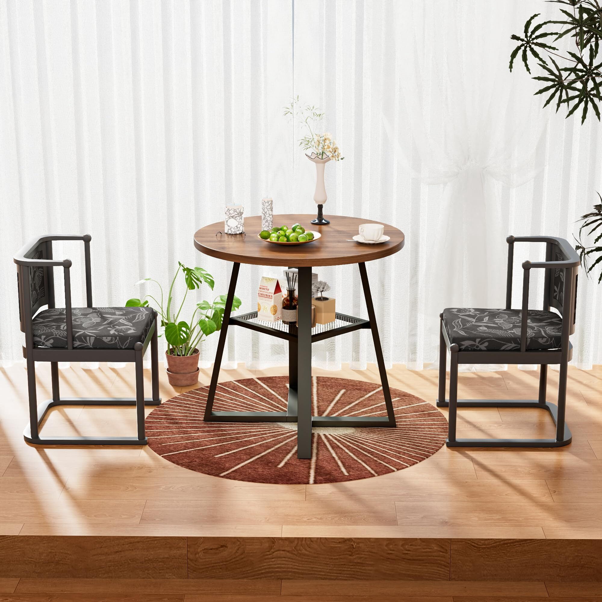 31.5 in Small Round Dining Table for 2–4, Space Saving Kitchen Table with Storage, Mid Century Modern Metal Legs, Walnut