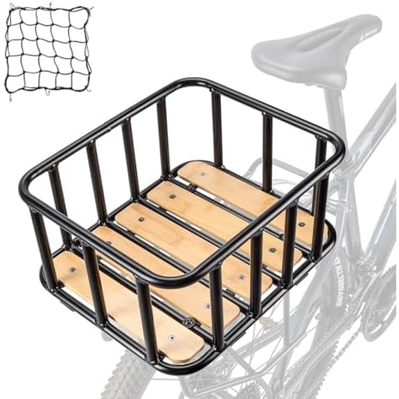 Rear Bike Basket - Large Bicycle Rear Basket with Cargo Net and Waterproof Cover, Wooden Base Baskets Rear Large Capacity