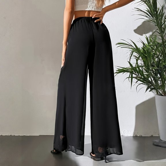 HAJWOH Women's Elastic Waist Chiffon Wide Leg Pants High Rise Flowy Palazzo Pants Lightweight Casual Summer Vacation Beach Trousers