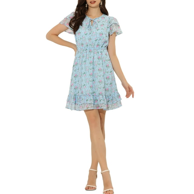 INSPIRE CHIC Women's Ruffle Sleeve Self-Tie V Neck Above Knee Ruffled A-Line Floral Chiffon Dress L Light Blue