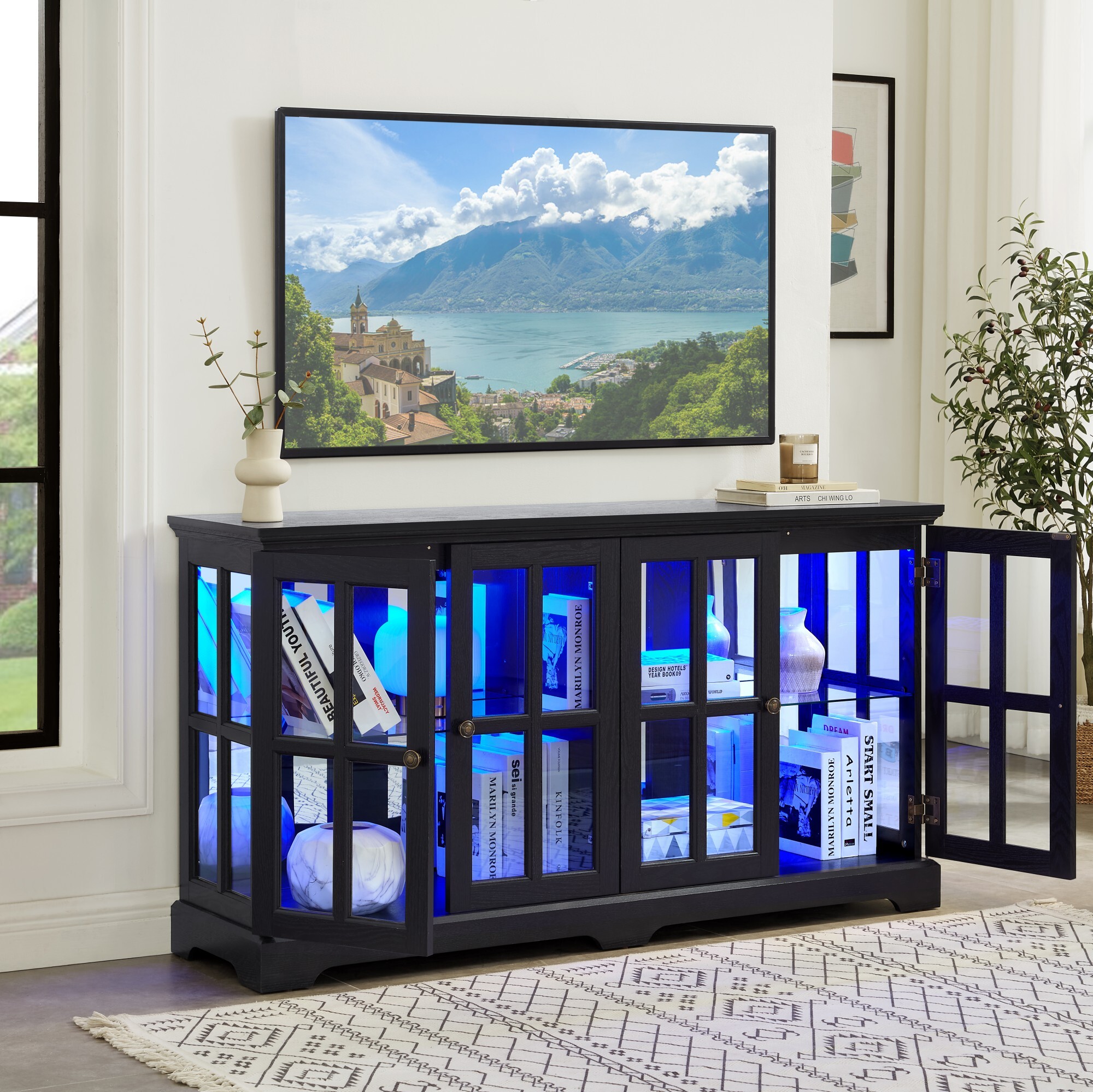 AENKYO Retro LED Glass Display Cabinet with Adjustable Shelves, Vintage Style Curio Showcase for Home, Antique Black