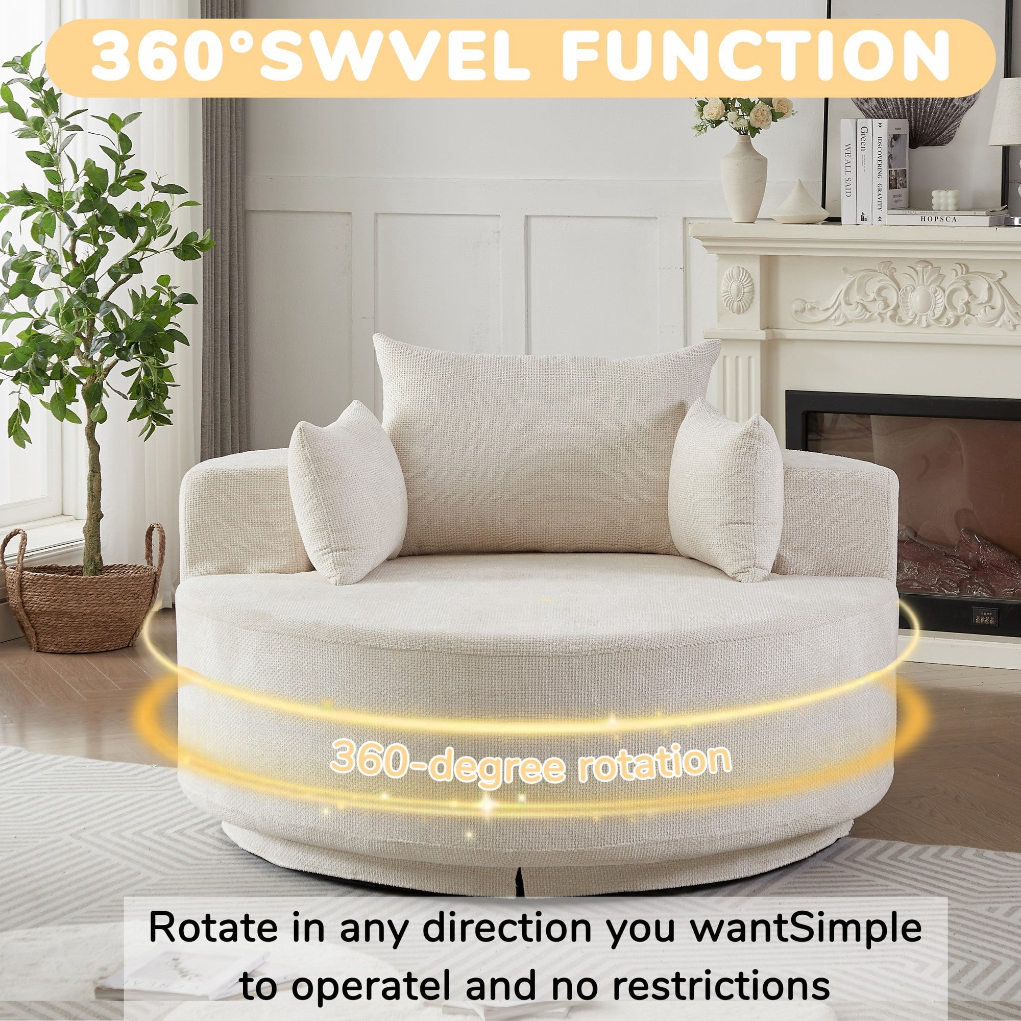 Sailvan 55" Chenille Fabric Swivel Chair, Modern Round Sleeper Sofa with 360 Degree Rotation, Fluffy Foam Lounge Chair for Living Room Beige
