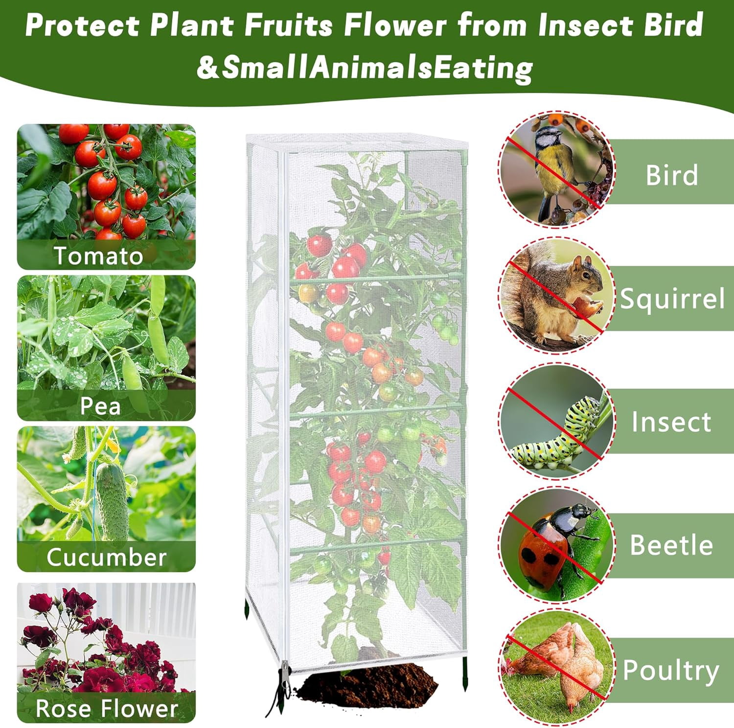 3 Pcs Garden Bird Netting Plant Cover for Square Tomato Cage, 59" x 17.7" Insect Barrier Cage Net with Zipper & Drawstring, Trellis Protection Protecting Plants