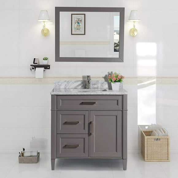 Vanity Art 36 in. W Single Sink Modern Bathroom Vanity with Carrara Marble Stone Top and Free Mirror