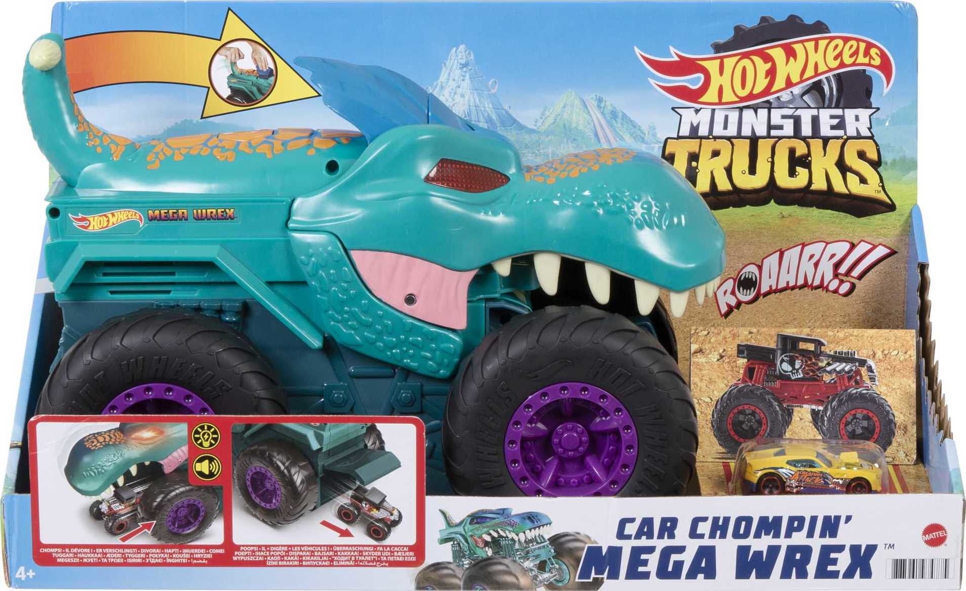 Camion rouge monstre Hot Wheels Mega Wrex dinosaure T Rex 1:64 ARGENT AVEC  PNEUS