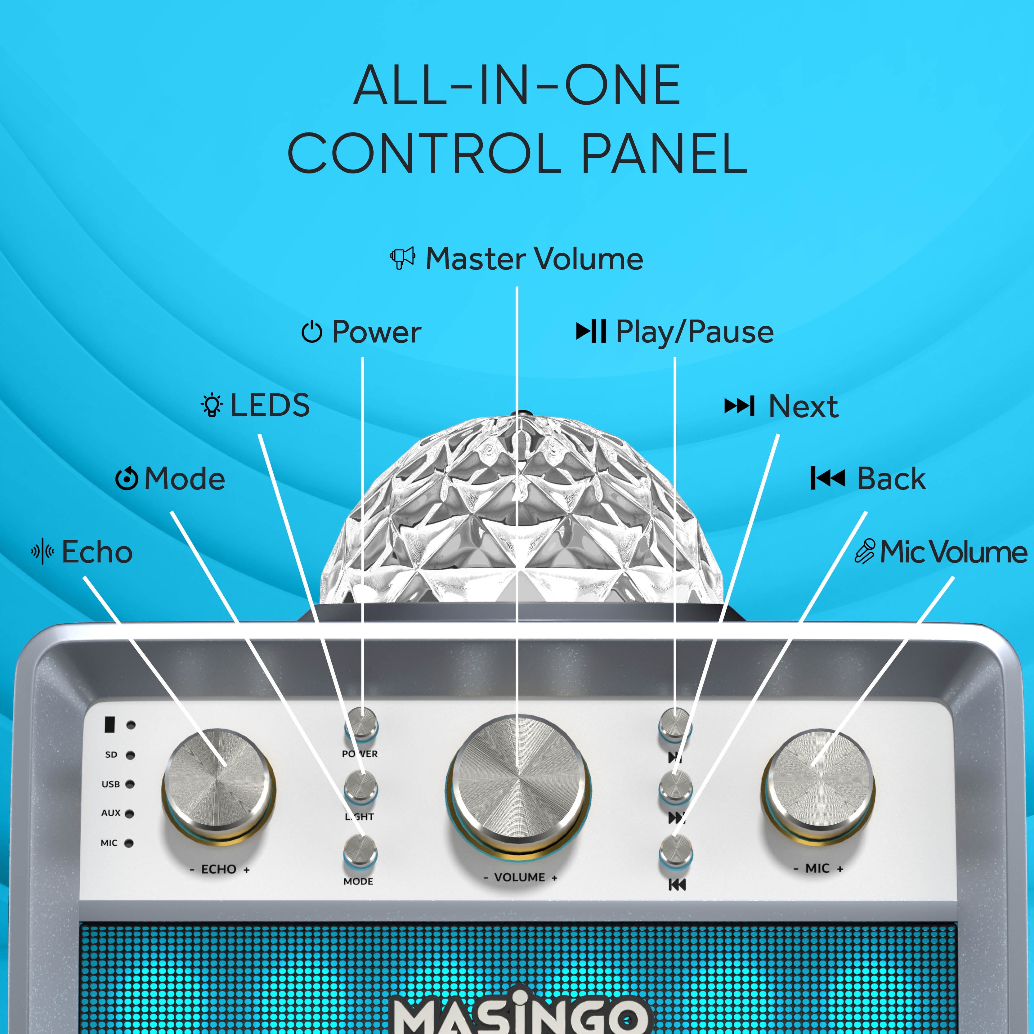 MASINGO Karaoke Machine for Adults and Kids with 2 Wireless Microphones, Portable Singing PA Speaker System Set with Disco Ball Party Lights & TV Cable, Ostinato M7