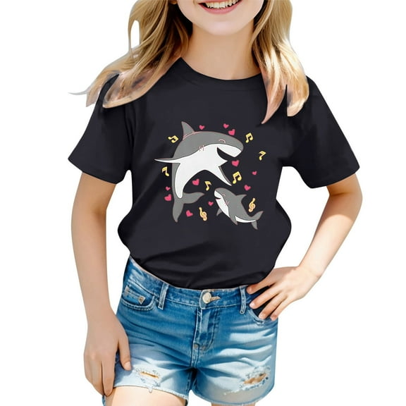 WOYY Toddler Girls T-Shirt Cartoon Shark Print Short Sleeve T Shirt Casual Summer Tshirt