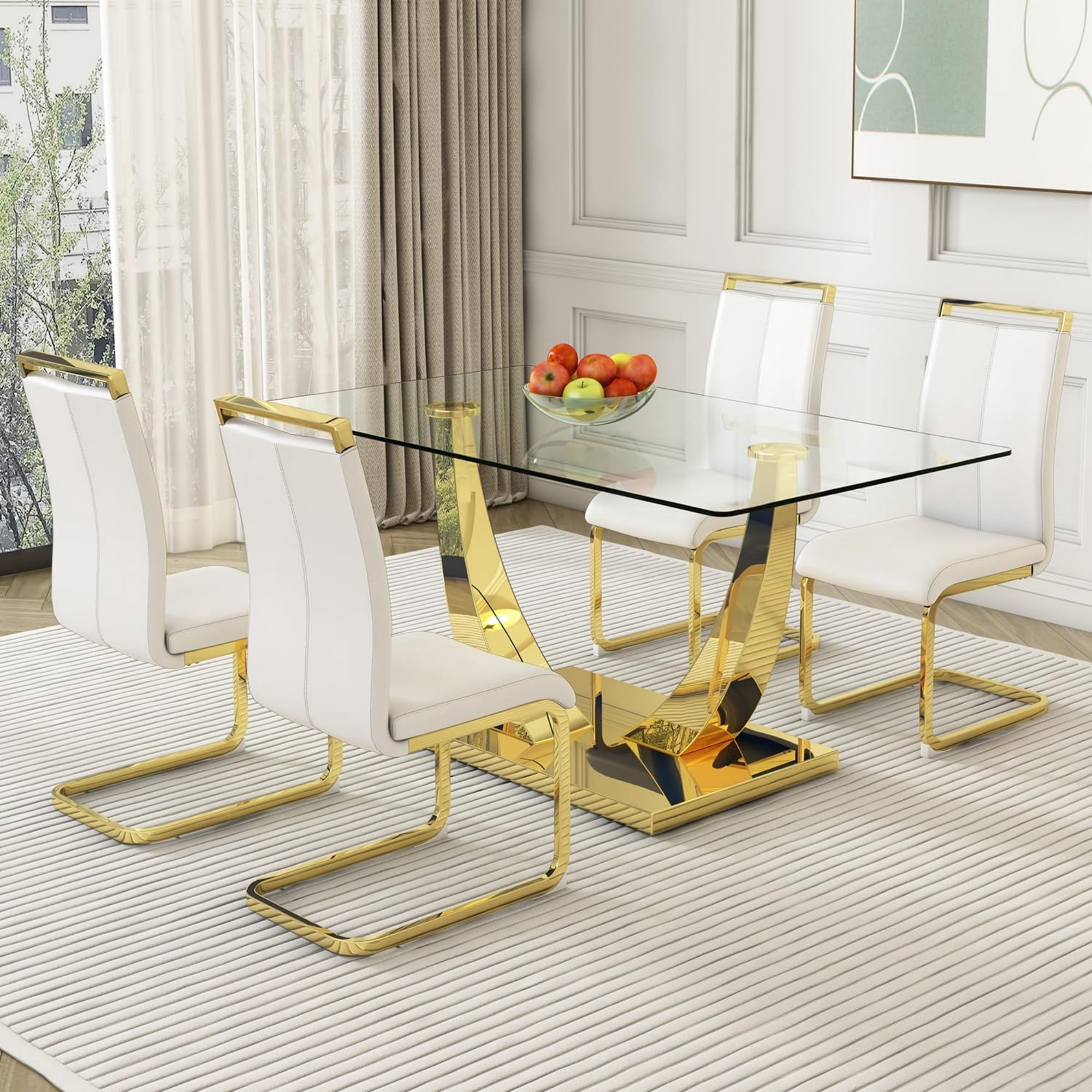 SUDICA Set of 4 Modern PU Leather Dining Chairs, White High Back Upholstered Seats with Gold C-Shaped Metal Legs for Dining Room or Kitchen