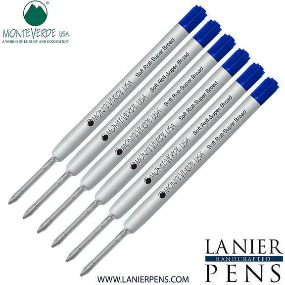 Lanier Combo Pack - 6 Pack - Monteverde Soft Roll Super Broad Ballpoint P15 Paste Ink Refill Compatible with most Parker Style Ballpoint Pens - Blue (Super Broad Tip 1.4mm)