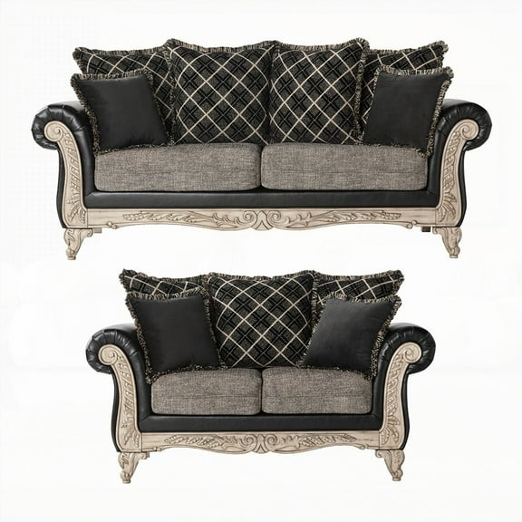 Modern Fabric Wooden Frame 2-Tone Sofa and Loveseat Set 220×80×75cm (Grey and Ebony)