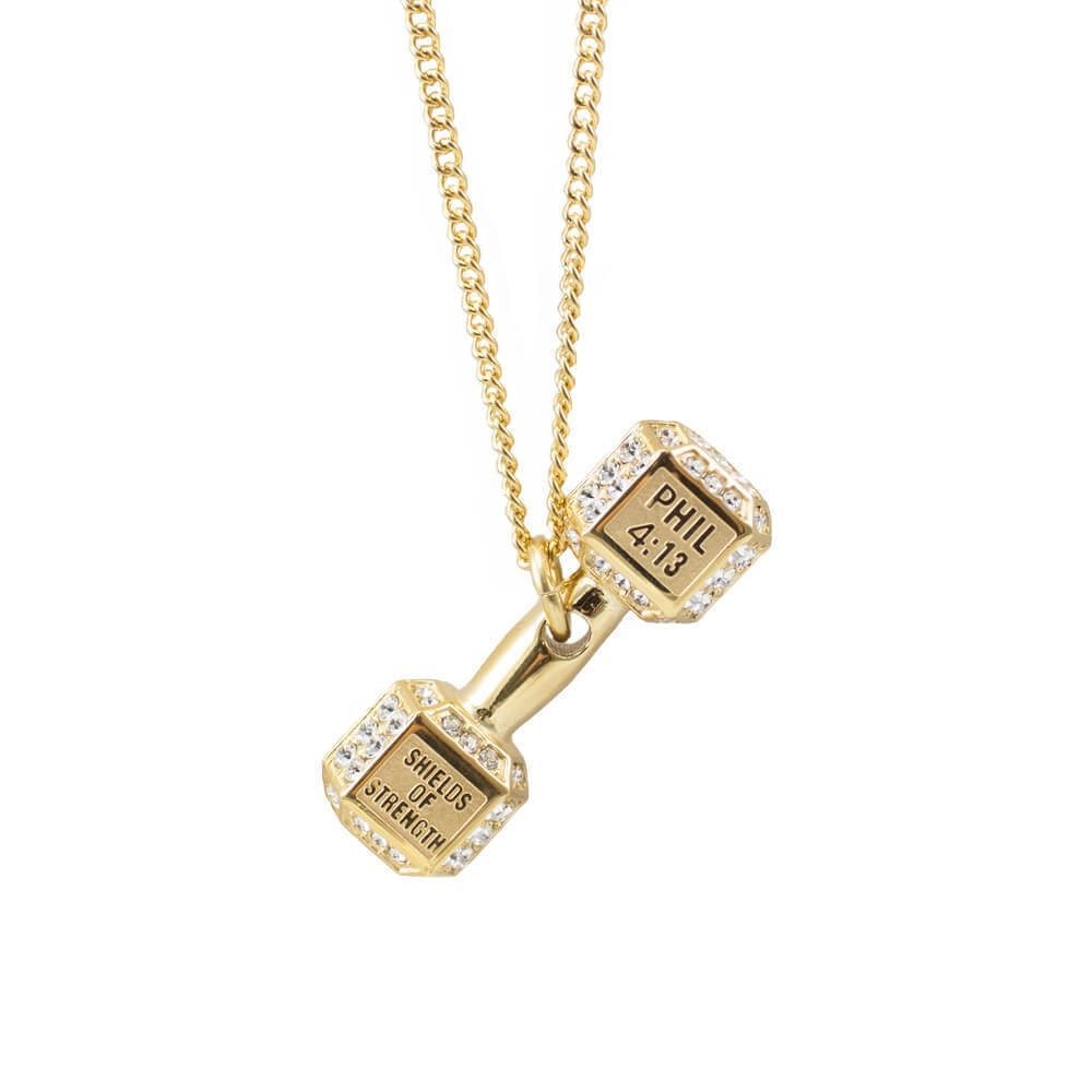 Shields of Strength - Women's Gold Stainless Steel Dumbbell Necklace w/ Swarovski Crystals-Phil 