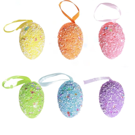 6PCS Easter Glitter Hanging Eggs Ornaments - Colorful Tinsel Easter Egg Ornaments, Spring Foam Hanging Egg Ornament for Tree Christmas Home Party DIY Craft Decoration