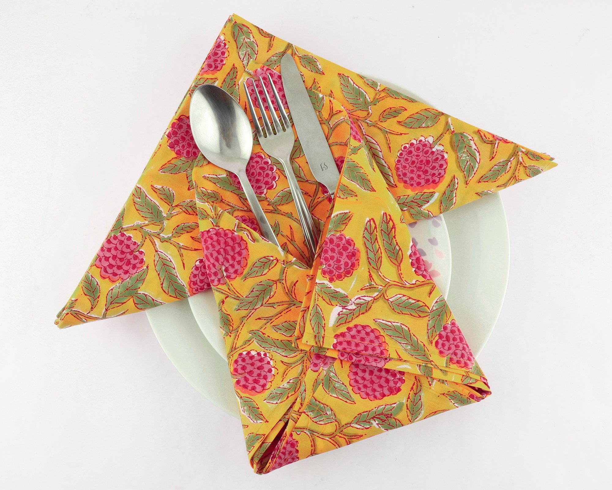 Amber Yellow, Rose Pink, Laurel Green Indian Floral Hand Block Printed
