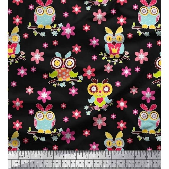 Soimoi Crepe Silk Fabric Floral & Owl Cartoon Print Fabric by The Yard 42 Inch Wide