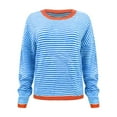 thumbnail image 5 of Blue Womens Tops Women's Knitted Sweater Stripe Contrast Color Design Drop Shoulder Long Sleeve Pullover Casual Fall Outfits for Women 2025, 5 of 6
