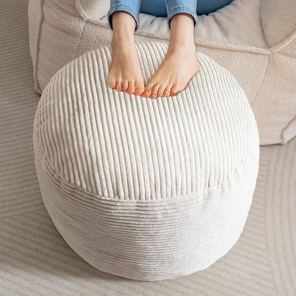 Round Stuffed Pouf Ottoman, Corduroy Poufs with Foam Chunk Filling, Furry and Fluffy Pouf Foot Stool Storage Ottoman