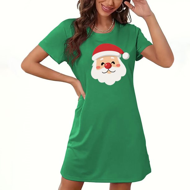 Camisón corto navideño para mujer, talla grande, cuello redondo, manga corta, estampado en el pecho, vestido de noche para mujer