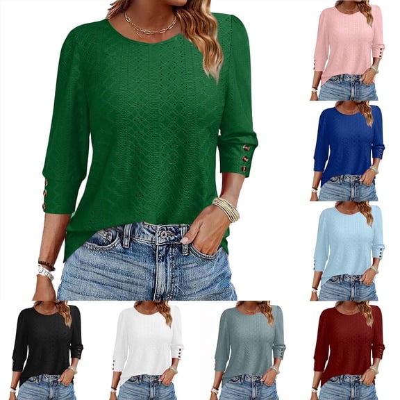Jsaierl Women's 3/4 Sleeve Tops Summer Button Up Round Neck Shirts Dressy Solid Petite Hollow Out Blouses Soft Loose Fit Tunic Top S-2XL