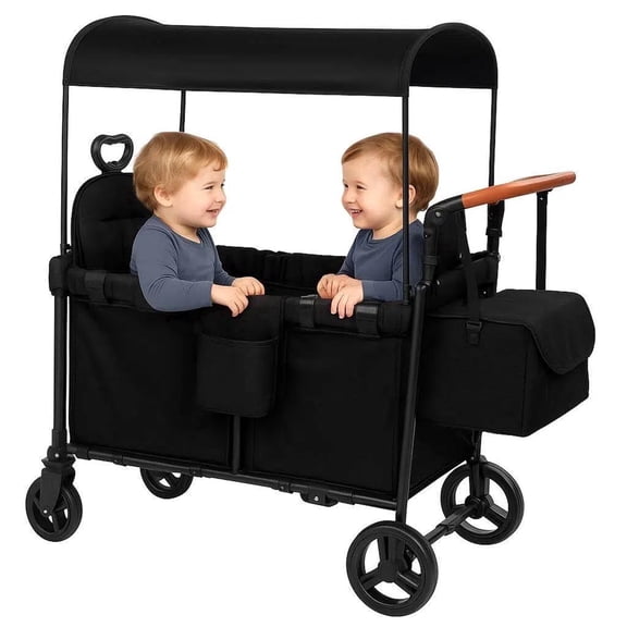 Wagon Stroller For 2 Kids, 3 in 1 Push and Pull Foldable Wagon with Footwell, Foldable All-Terrain Wagon For Kids With Canopy, Adjustable Push And Pull Handles