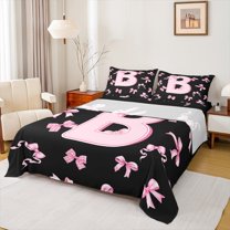 Feelyou Pink Initial B Letter Bed Sheets, Princess Cartoon Ribbon King Sheets, Fashion Buffalo Bowknot Sheet Set, Ultra Soft Bedroom Decor, 4-Piece