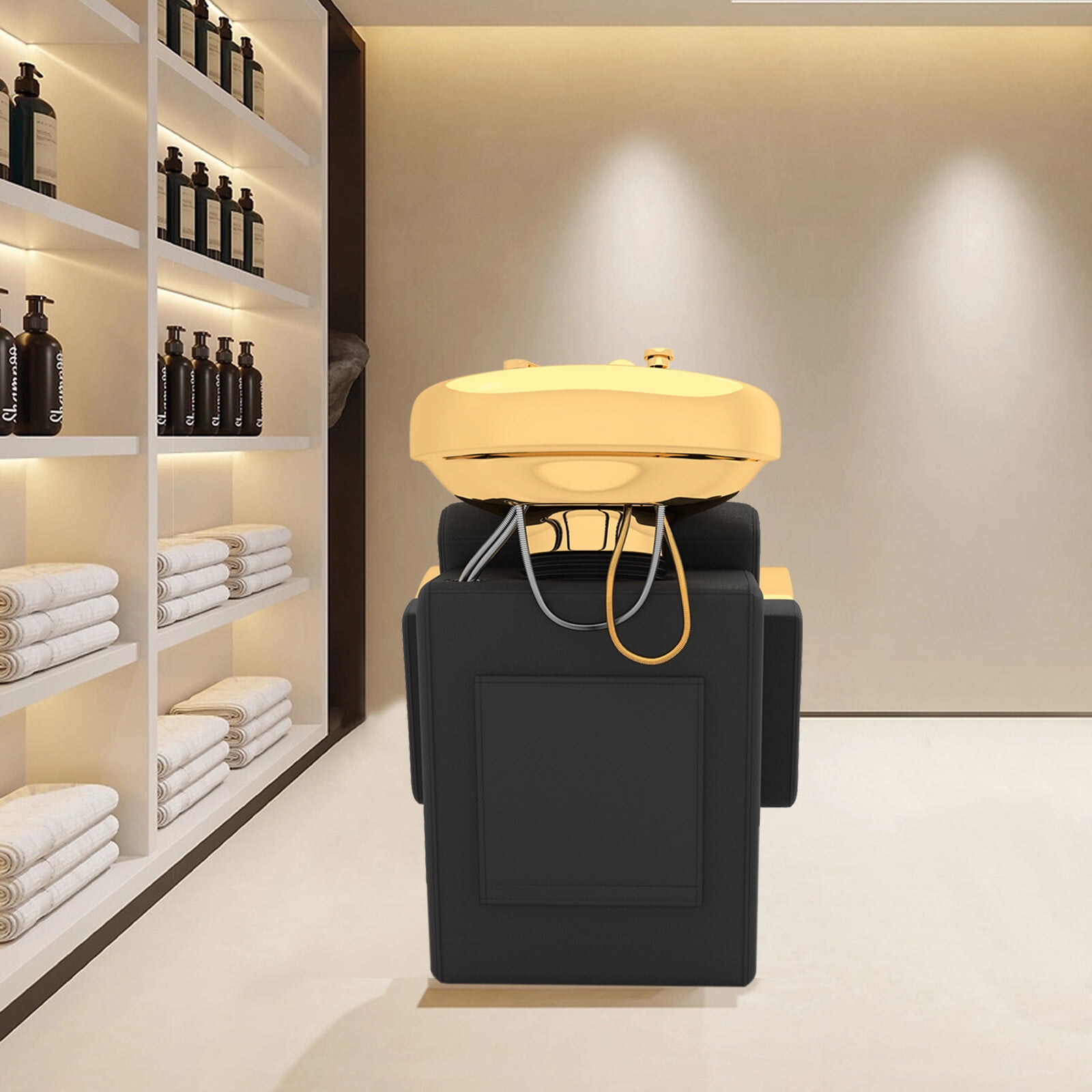 Black+Gold Barber Backwash Unit Ceramic Shampoo Bowl Hair Stylist Station Sink Beauty Salon Spa Equipment