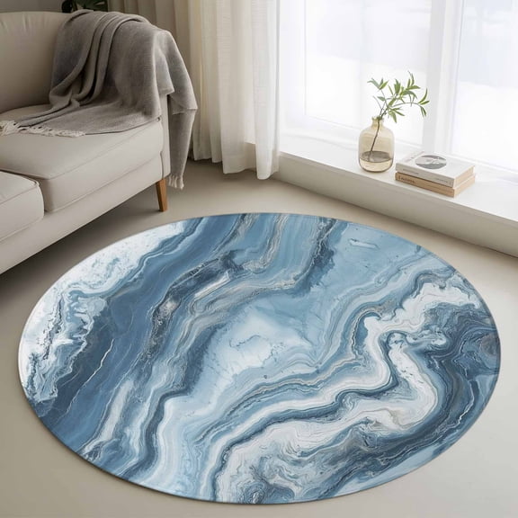 Blue Marble Round Area Rug 4 FT, Non Slip Indoor Outdoor Rug, Abstract Ink Painting Art Modern Washable Soft Circular Carpet Non-Shedding Floor Mat for Coffee Table Nursery Foyer Balcony