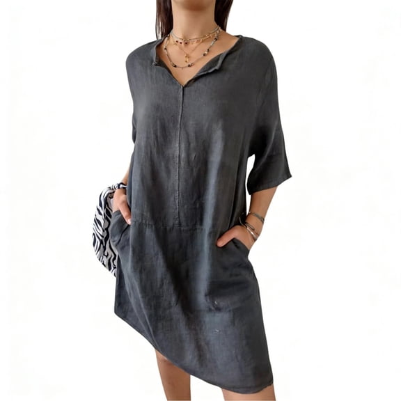 CHUMUD Cotton Linen Short Dresses for Women 3/4 Sleeve V Neck Mini Dress Summer Loose Casual Vacation