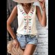 thumbnail image 5 of Camiseta Sin Mangas Informal con Cuello en V, Bordada y Estampado Gráfico para Mujer, Estilo Bohemio, con Dobladillo con Borlas. Albaricoque S, 5 of 8