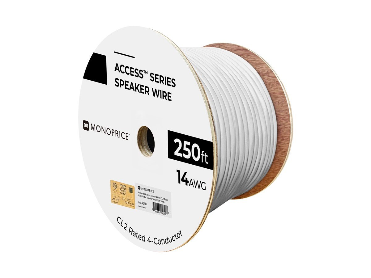 Monoprice Speaker Wire, CL2 Rated, 4-Conductor, 14AWG, 250ft, White