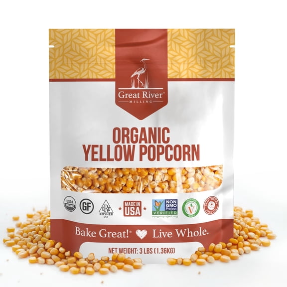 Great River Milling Organic Yellow Popcorn Kernels  USDA Organic, Healthy Non-GMO Popping Corn  Naturally Gluten Free, Light, Fluffy, Crunchy Popcorn for Stovetop, Air Popper, Whirley Pop  3 Lb