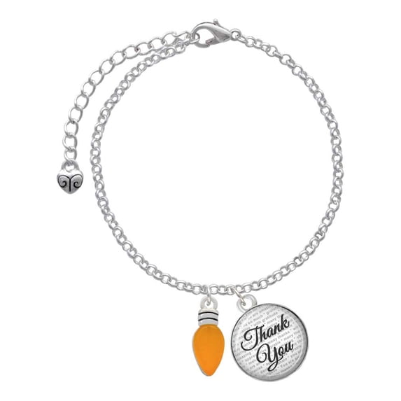 Delight Jewelry Silvertone Christmas Lights - Hot Orange Resin - Domed Thank You Charm Bracelet, 6"+2"