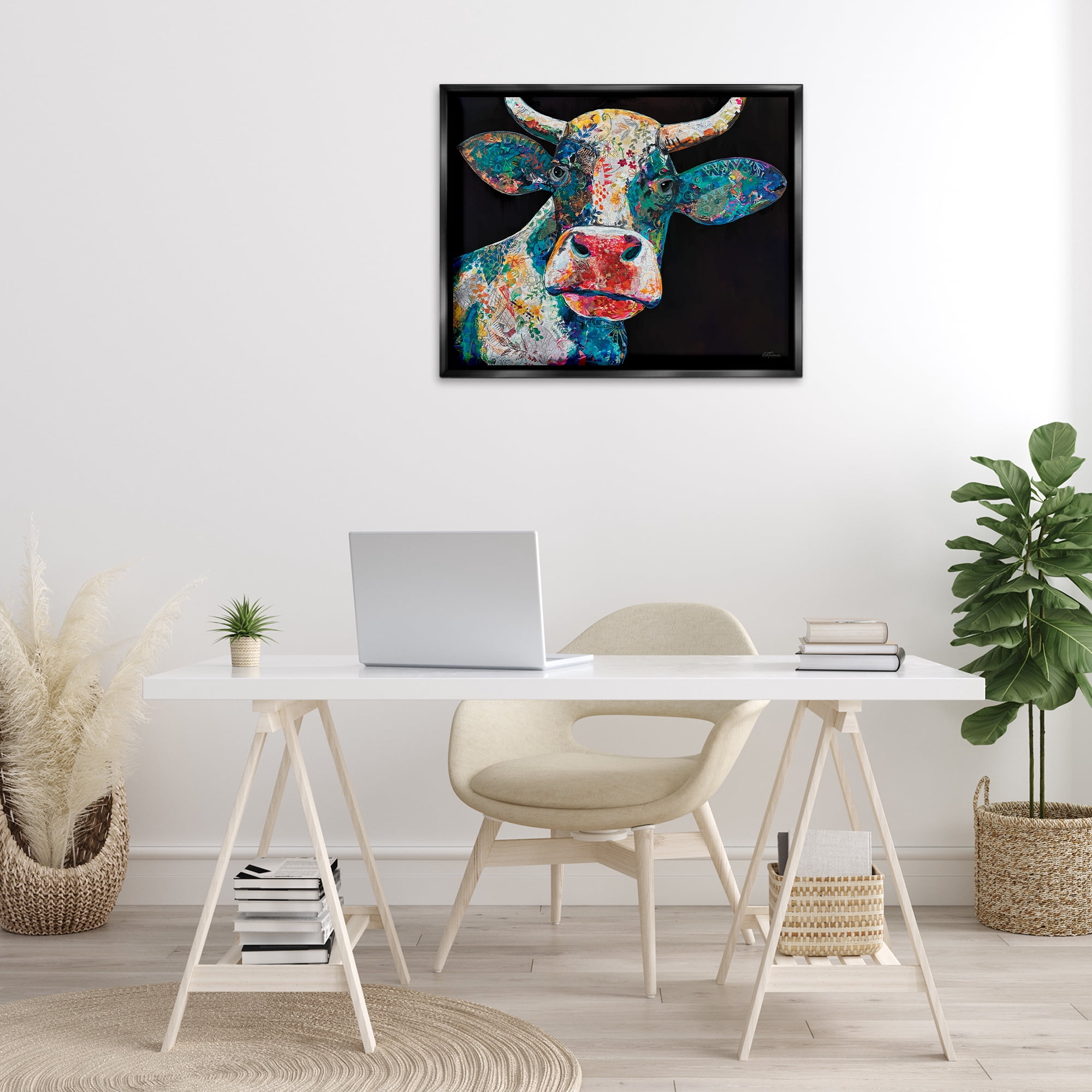 Stupell Industries Paisley Pattern Cow Animals & Insects Painting Black Floater Framed Canvas Art Print Wall Art, 31 x 25