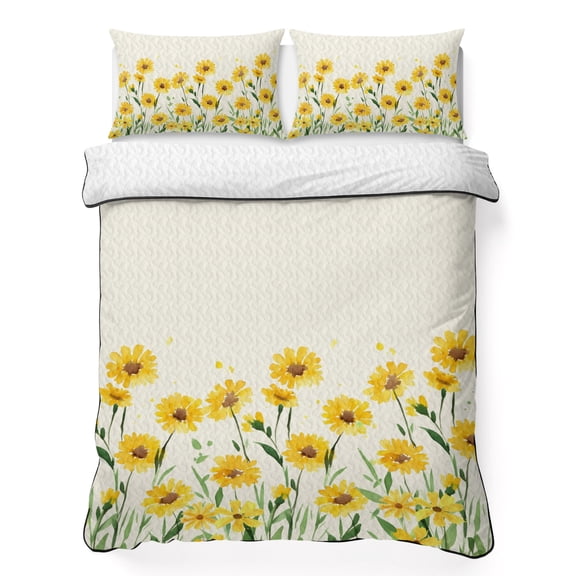 King Quilt Set 96''x106'', Yellow Spring Floral Lightweight Summer Bedspread Coverlet Set with 2 Pillow Shams, Pastoral Flowers Daisy Breathable All Season Quilt Bedding for Bedroom/Guest Room
