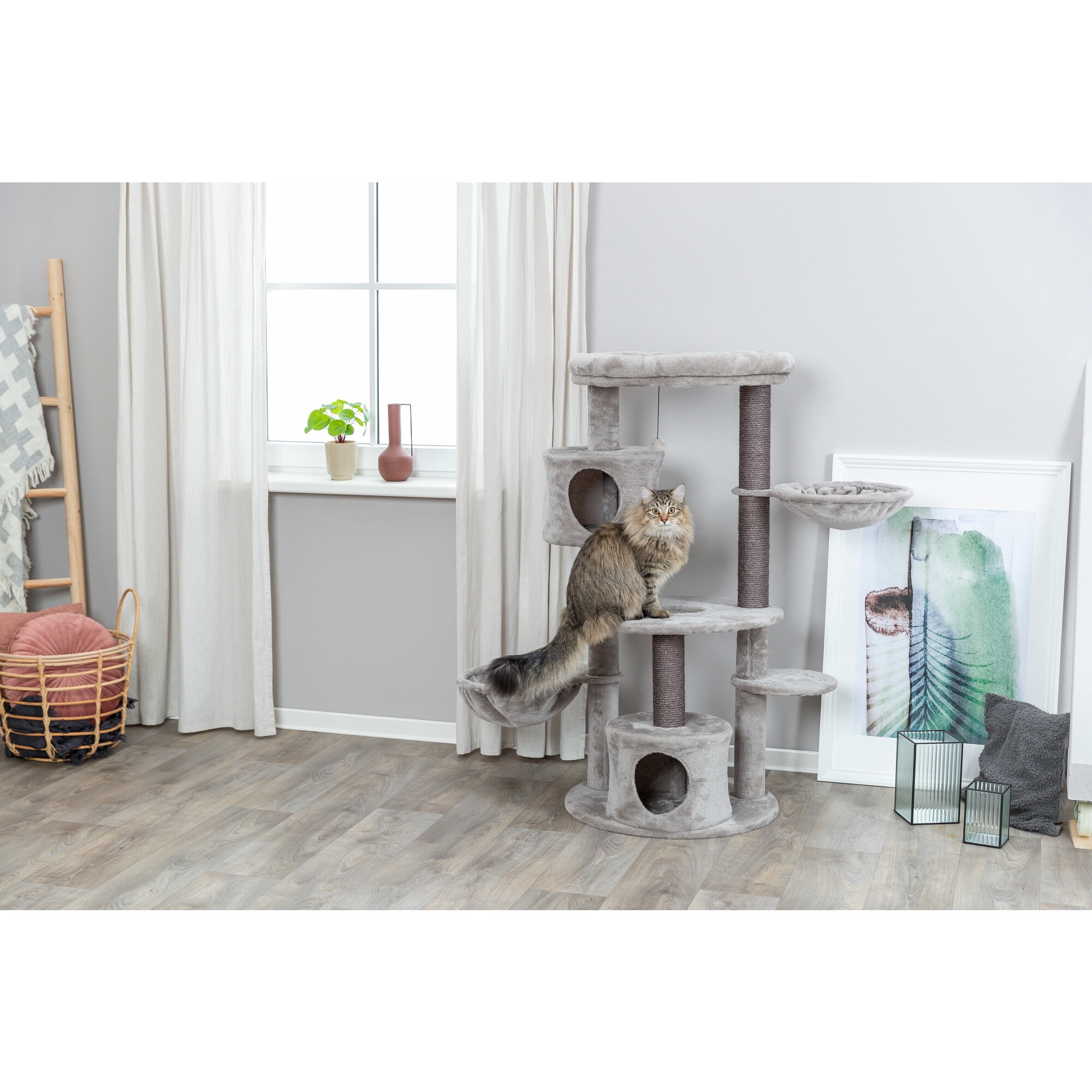 TRIXIE Anna Plush & Sisal 50" Cat Tree Scratching Posts Condos Hammocks Perches Cat Toy, Gray