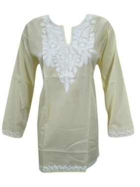 Mogul Womens Tunic Floral Embroidered Cotton Yellow Yoga Top