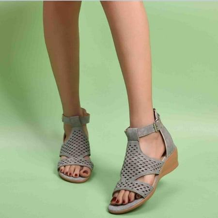

Hvyesh Gladiator Sandals for Women Dressy Summer Flat Sole Wedges With Open Toe Low Heels And Roman Buckle Hollow Out Sandals Size 9.5