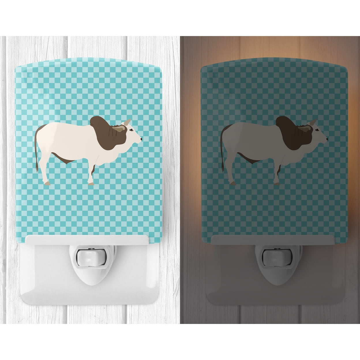 Caroline's Treasures BB8004CNL Malvi Cow Blue Check Ceramic Night Light, 6x4x3", multicolor