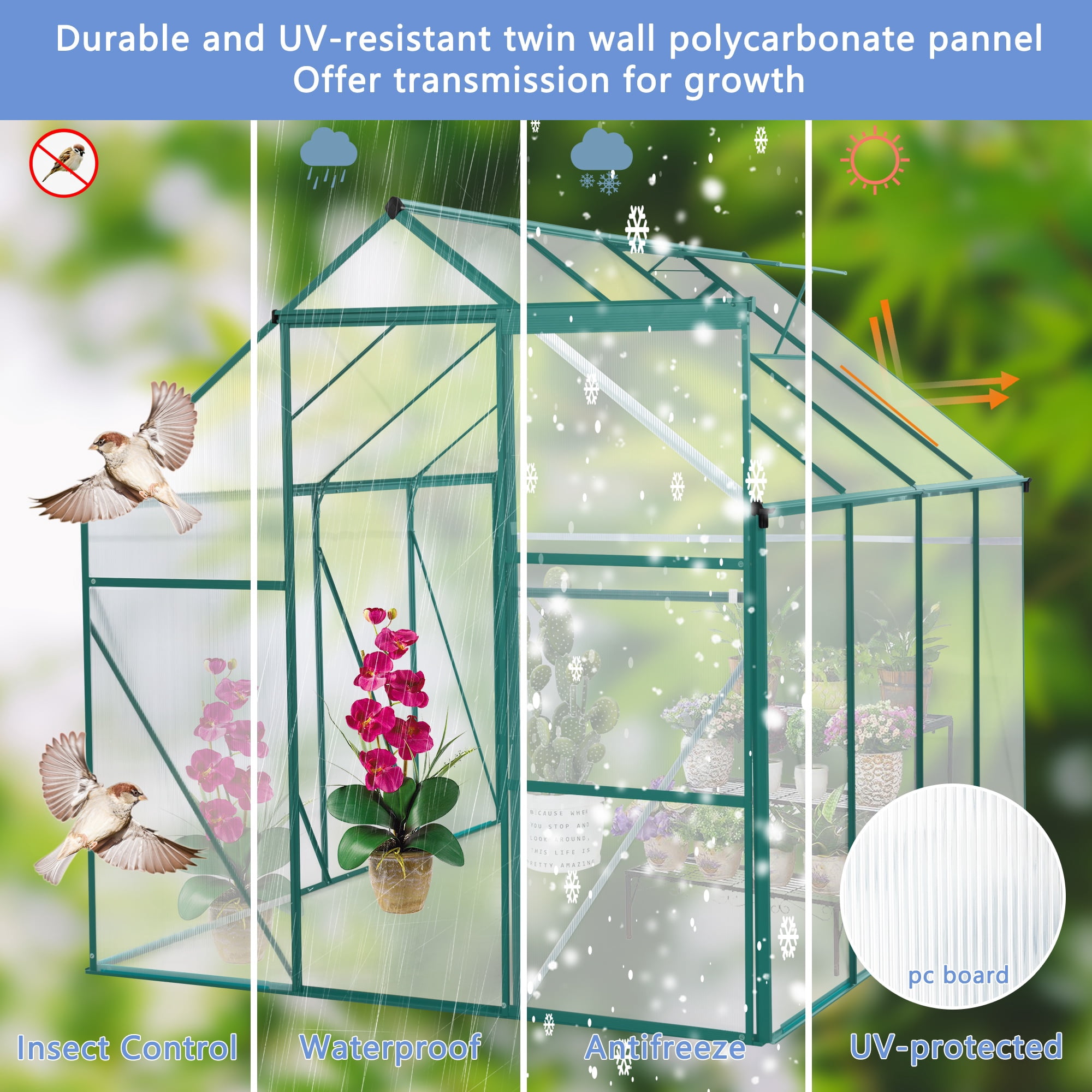 Enyopro 6 x 8 Walk-in Greenhouse Kit for Outdoors, Polycarbonate Green House with Sliding Door, Rain Gutter & Aluminum Frame, Large Plant Grow House for Backyard, Patio, Garden