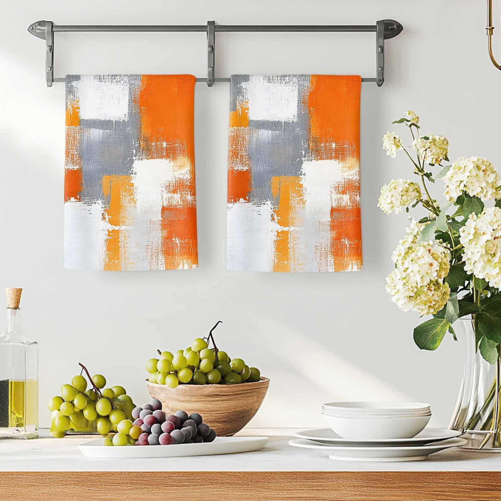 Burnt Orange Grey Kitchen Towels Set of 2, Modern Oil Painted Geometric Abstract Absorbent Dish Towels for Kitchen, Microfiber Hand Towel, Quick Drying Tea Towel for Cleaning Decorative Dishcloths